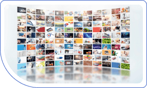 A curved wall of colorful image thumbnails showcases diverse subjects, including nature, technology, and people, reflecting a modern, dynamic tone.
