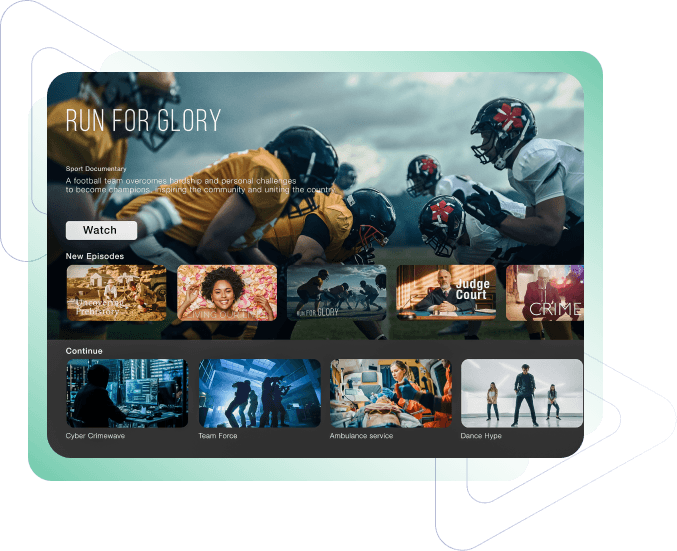 The CCR Media interface shows "Run for Glory" with football players in a dynamic scene. Below are thumbnails for new episodes and continued shows.